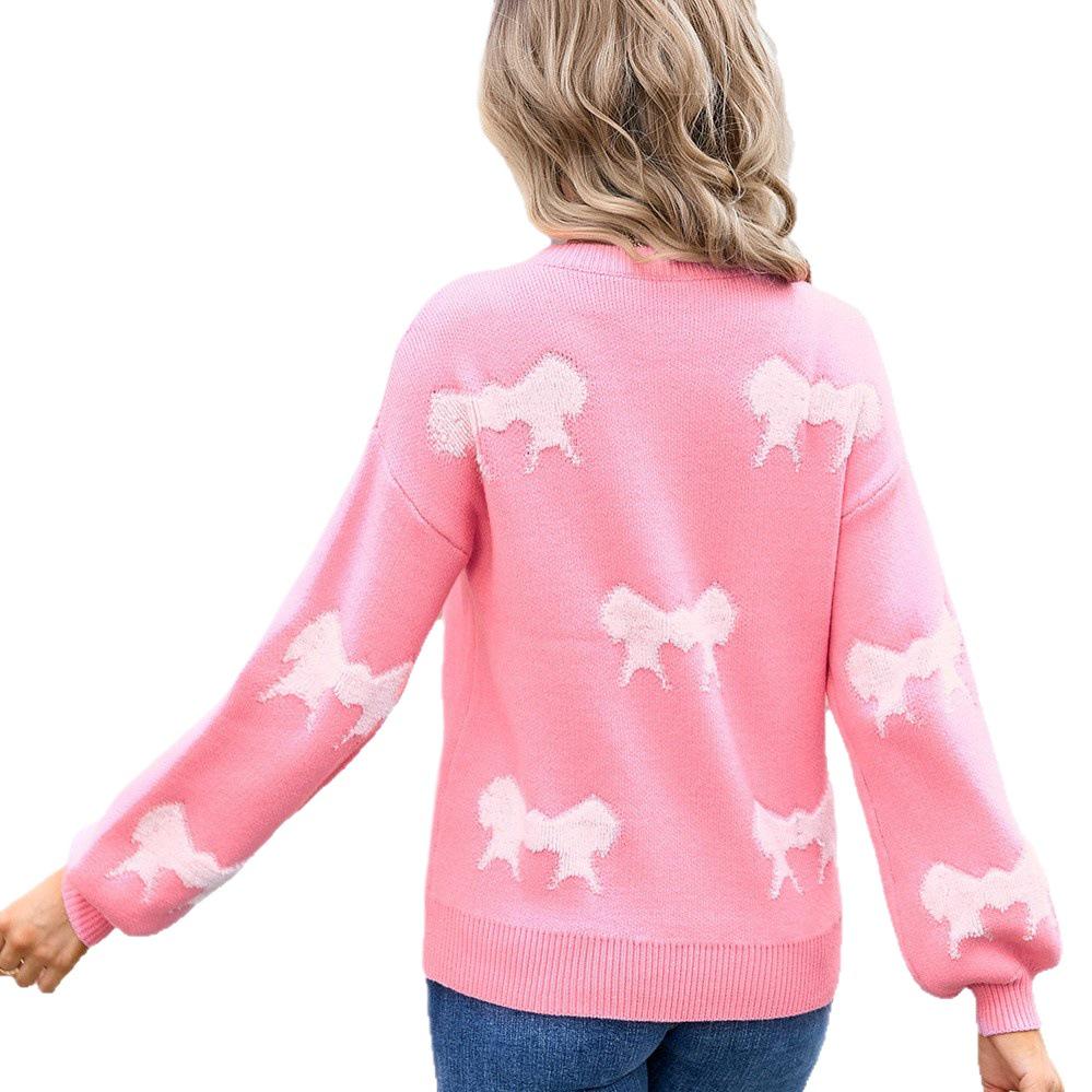 Pull tendance hiver 2026 pour femmes européennes et américaines avec nœud - Col rond, Tricot à manches longues