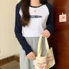 Autumn Tops for Women, New Long-sleeved T-shirts with Design, Color-blocked Embroidered Letters, High-end Inner Bottoming Shirts