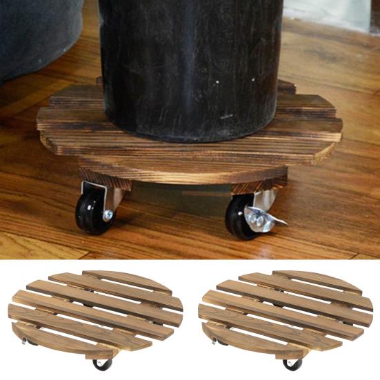 Wooden Flower Pot Tray Round Plant Rolling Board Outdoor Weatherproof Plant Pot Base with 360 Rotating Wheels for Indoor Outdoor Potted Plants
