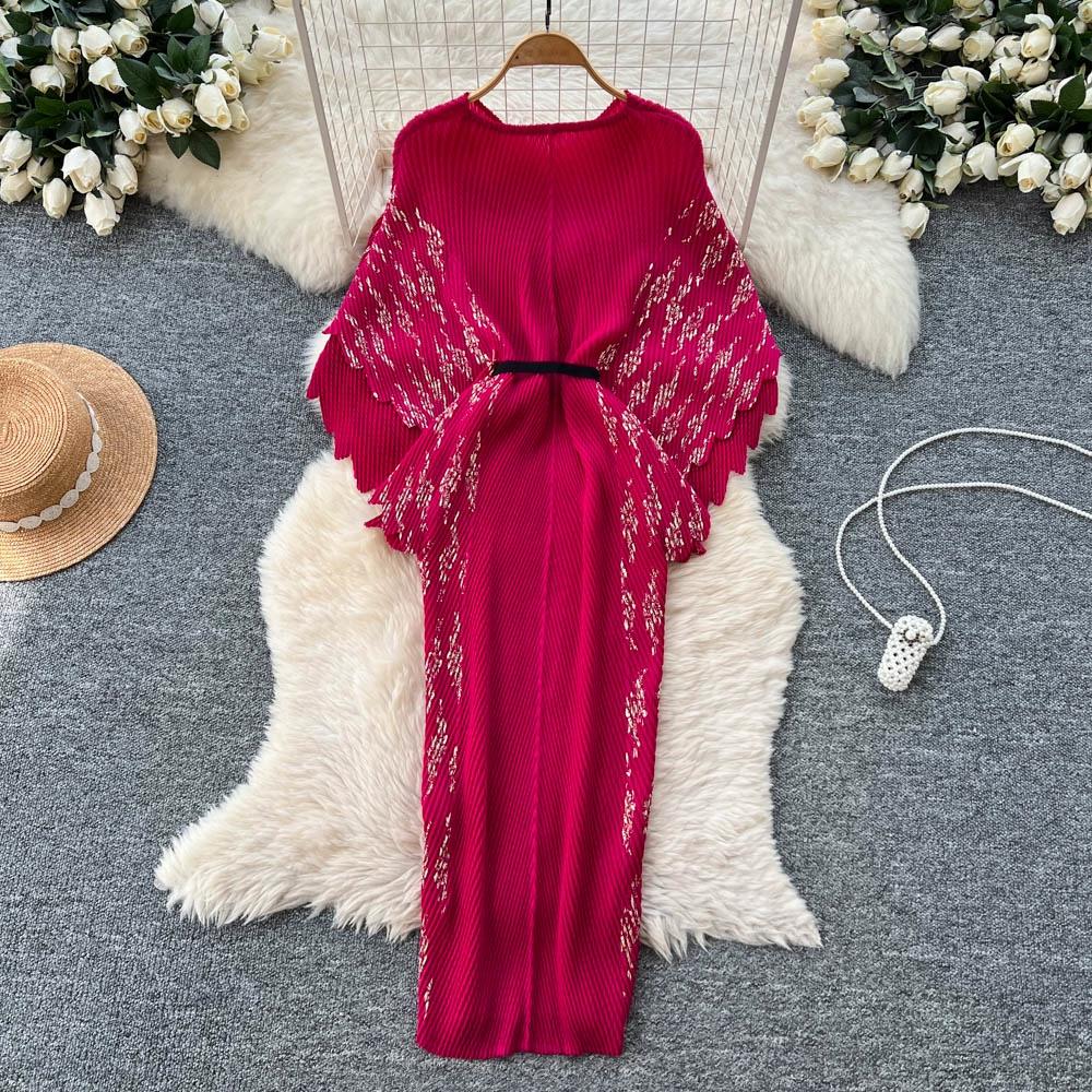 Jarní podzimní dámské elegantní 3D květinový tisk Miyake s přehybem a netopýřím rukávem, nadměrné volné skládané šaty s páskem