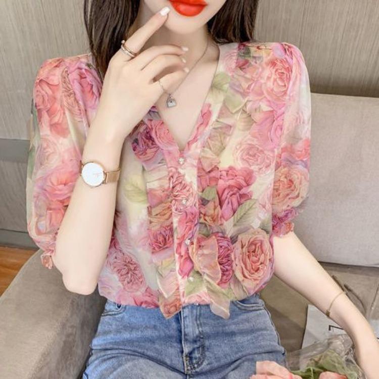 V-neck Floral Shirt for Women's Summer Stylish Ruffle Edges and Short Sleeves Pink Chiffon Top
