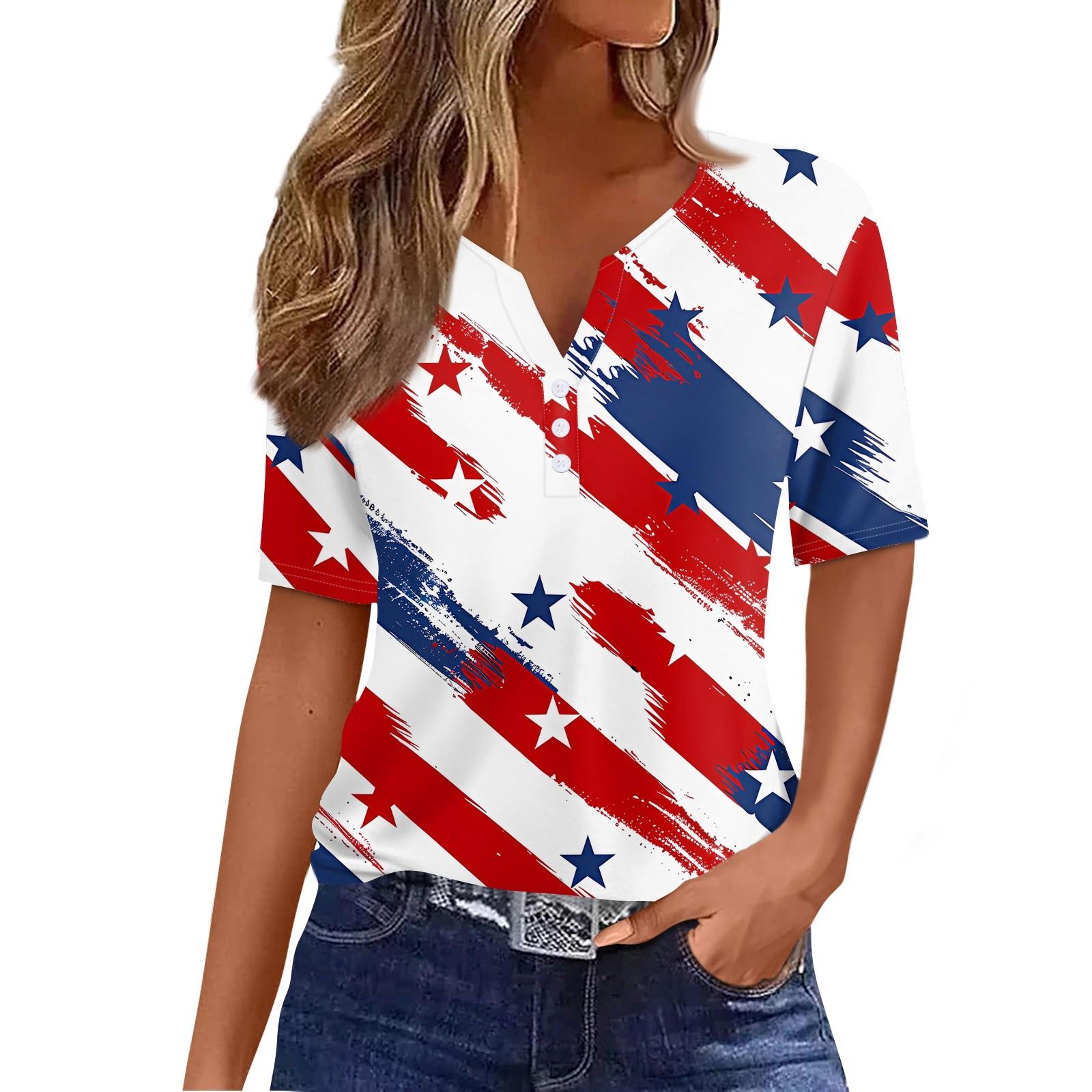 

Женская футболка с принтом «День независимости» на пуговицах с коротким рукавом, повседневная, выходного дня, модная, базовая, с V-образным вырезом, обычная XL белый