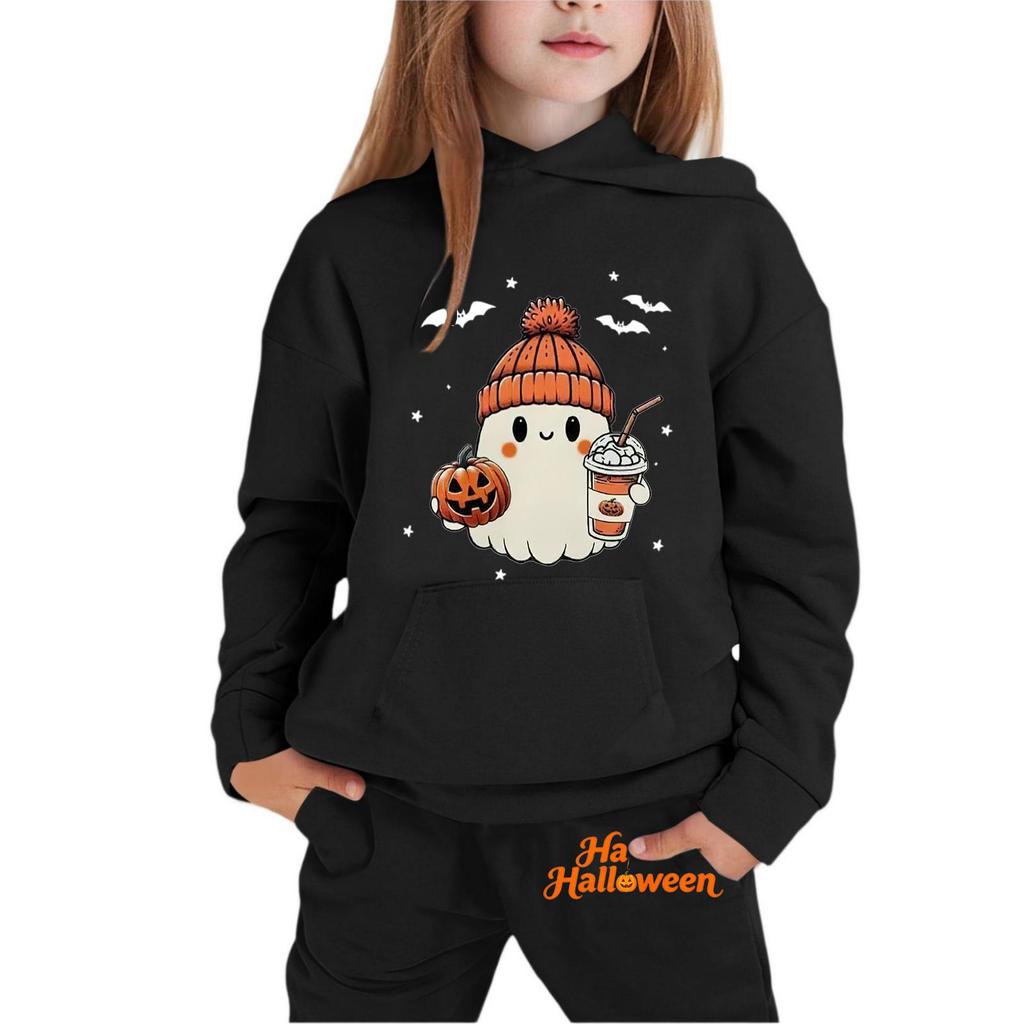 Kids Halloween Hoodie Set with Graphic Print Pullover Sweatshirt and Matching Pants Comfortable Casual Outfit for Boys and Girls