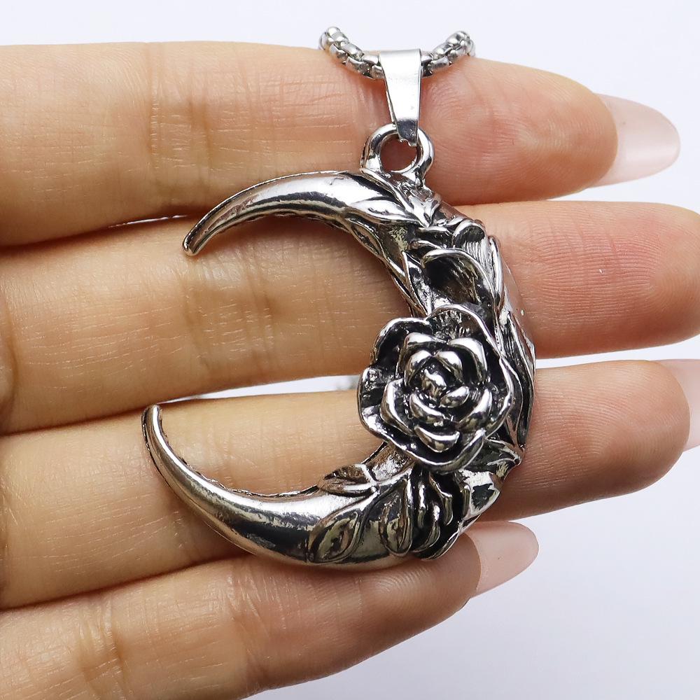Gothic Rose Moon Necklace: Unisex Vintage Dark High Street Pendant, Romantic & Trendy for Couples
