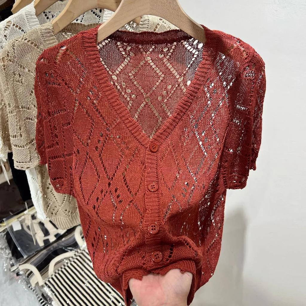 Women Summer Thin V-neck T-shirt Simple Ice Silk Hollow Sweater Top