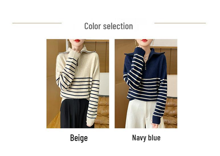 Women's Half-Zip Color Block Striped Knit Sweater - Korean Style Casual Loose Outerwear for Autumn/Winter.