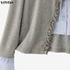 VONDA Women V-Neck Fake Two Piece Patchwork Long Sleeve Casual Blouse