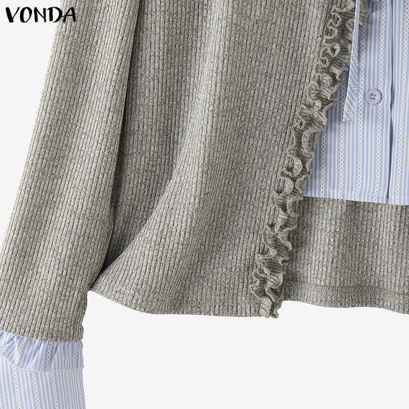 VONDA Women V-Neck Fake Two Piece Patchwork Long Sleeve Casual Blouse