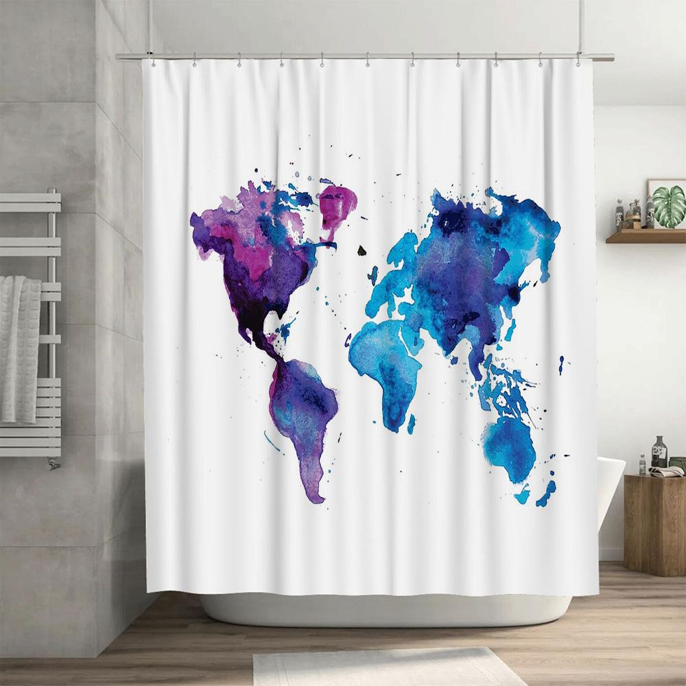 World Map Shower Curtain Abstract Blue Ocean Pattern Waterproof Bathroom Decor Vintage Travel Theme Washable Fabric