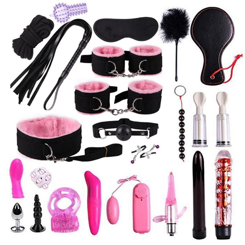 24pcs Adult Game Restraints Set Women Men BDSM Bondage Training Cosplay Sex Toy G-Spot Vibrator Butt Anal Plug Flogger Whip OLI