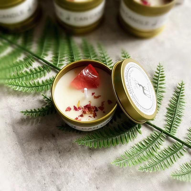 1PC Crystal Stone Aromatherapy Candle Plant Essential Oil Soybean Iron Can Candle Dry Flower