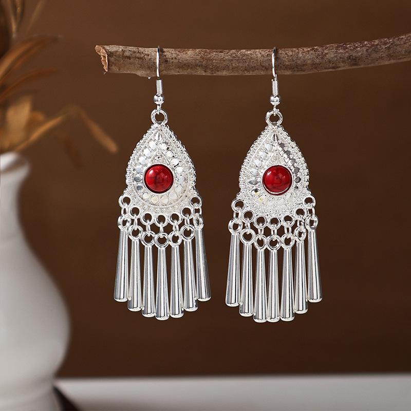 Ethnic Miao Silver Tassel Earrings - Retro Long Dangle Scenic Studs for Women