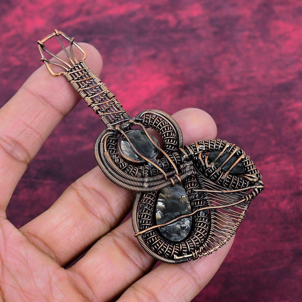 Mother Of Pearl Gemstone Pendant Handmade Copper Wire Wrapped Guitar Jewelry