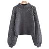 Winter  Women Pearl Beading Lantern Knitted Sweater  Sleeve Loose Gray Pullover Women Soft Warm Autumn Casual Jumper