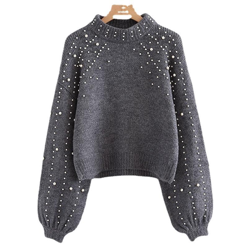 Winter  Women Pearl Beading Lantern Knitted Sweater  Sleeve Loose Gray Pullover Women Soft Warm Autumn Casual Jumper