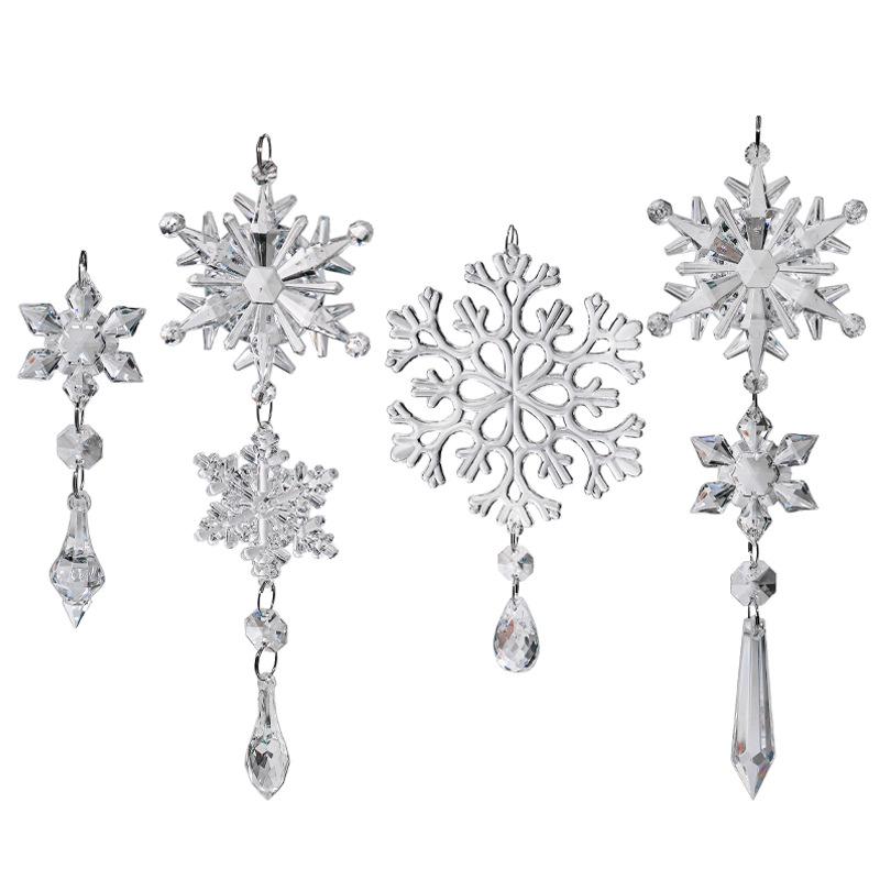 Transparent Acrylic Snowflake Ornament Set with Crystal Bead Strings for Christmas Tree Decoration