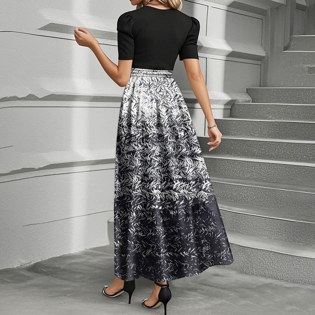 Moda damska swobodna pasek krótki rękaw okrągły dekolt geometryczne łączenie elegancki temperament sukienki