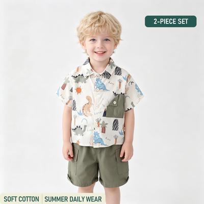 Toddler Boys 2Pcs Summer Outfit Cartoon Dinosaur Print Button Down Cotton Shirt Cargo Shorts Kids Clothing Set