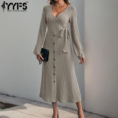 Damenmode Herbst Winter Einfarbig Druck Langarm V-Ausschnitt Hohe Taille Freizeitkleider