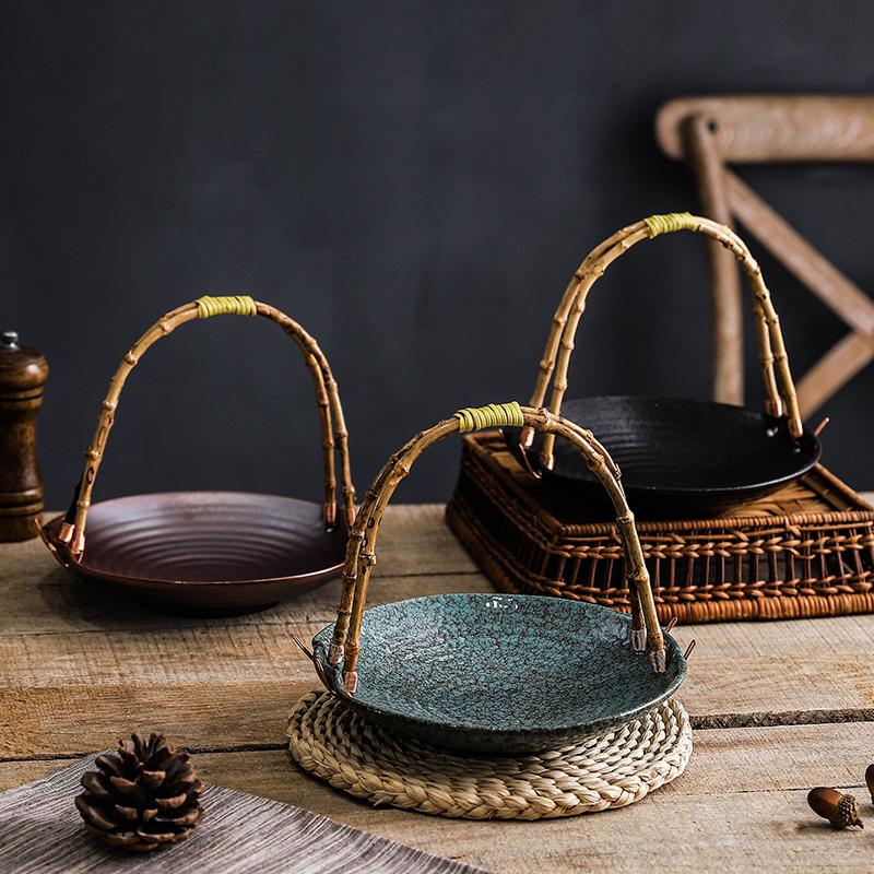 Creative Ceramic Dish Portable Basket Hotel Special Dish Restaurant Ceramic Dish Table Decoration Round Tray Creative Tableware