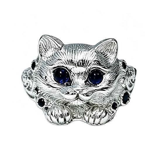 Finger Ring Adjustable Fit Hand-Engraved Kitten Silhouette Ring with Sparkling Rhinestones Polished Alloy Finish Finger Band