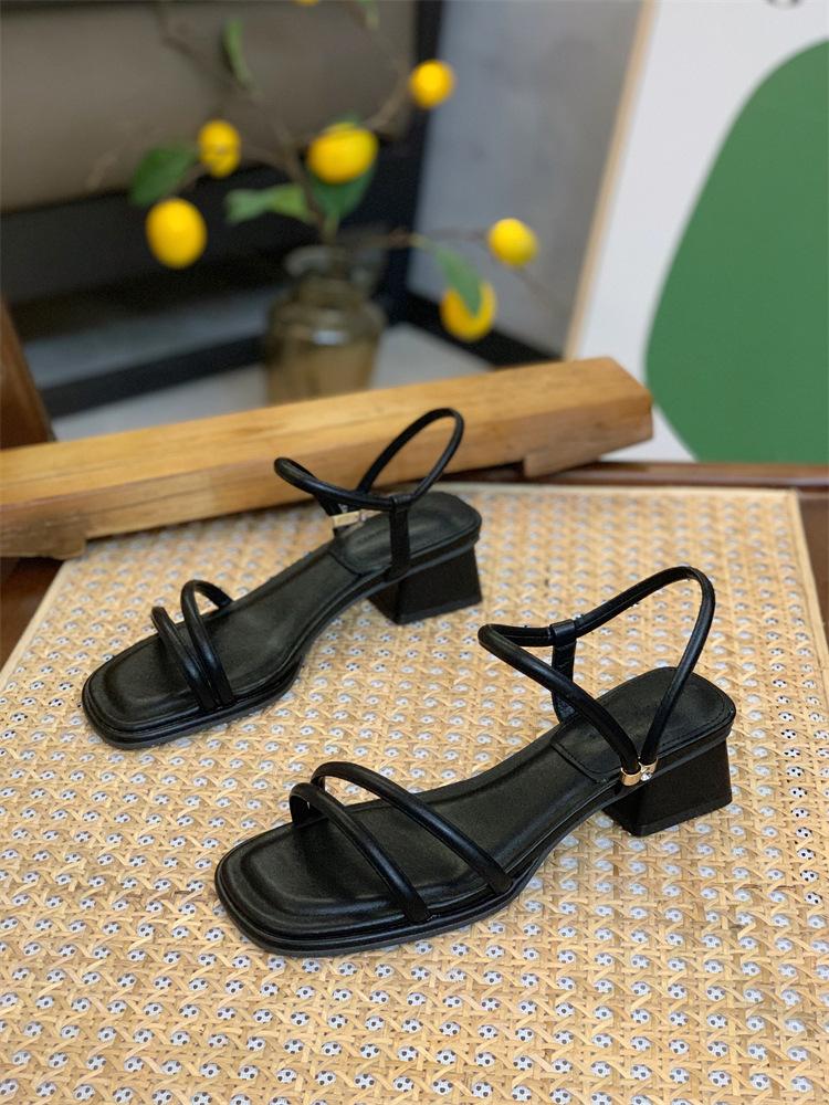 French Thick Heel Thin Strap Sandals Women's Summer 2025 New Fashionable Versatile Gentle One-word Strap with Skirt Sandals