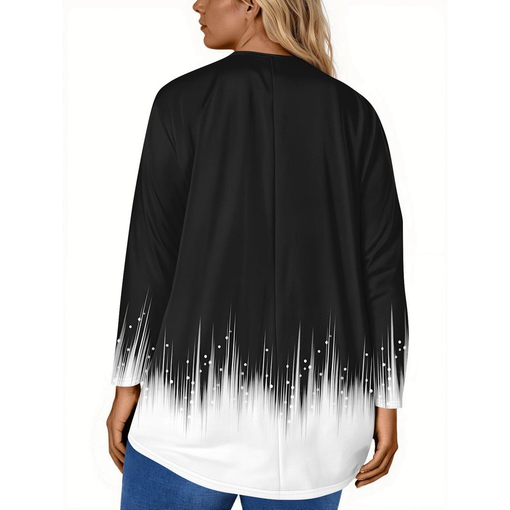 Kadın Modası Büyük Beden Yuvarlak Yaka Uzun Kollu Rahat Baskılı Bol Kazak Üst