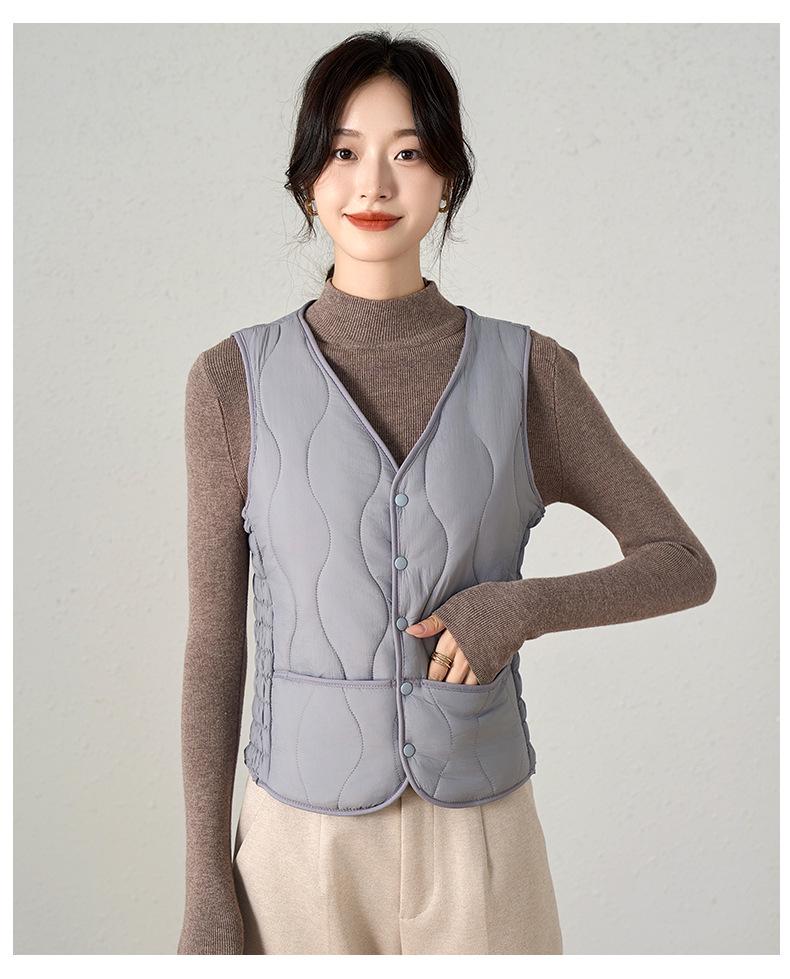 Women's Slim Fit V-neck Down Cotton Vest, Plus Velvet, Thickened, Warm, Versatile for 2024 Autumn/Winter.