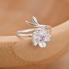 Women Floral Ring Silver Adjustable Band Purple CZ Stone Minimalist Dainty Fashion Jewelry Gift