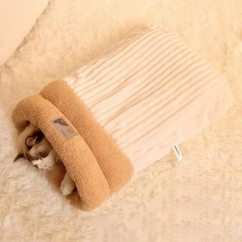 Winter Warm Cat Sleeping Bag Soft Pet Bed Kitty and Puppy House Soft Plush Semi Enclosed Windproof Cat Nest Pet Supplies