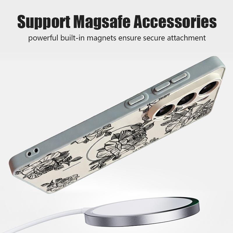 Magnetic For Magsafe Case For Samsung Galaxy S26 Ultra S25 Edge S24 Plus S23 FE S22 A54 A55 A56 5G Sketching Rose Flower Pattern Matte Cover