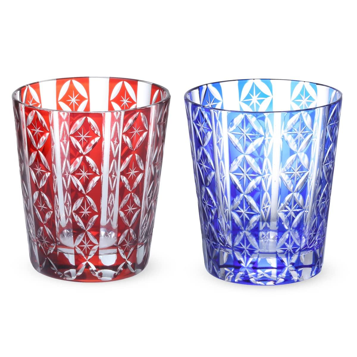 

Retro Kiriko Pair of Glass Shippo Red Kasho Current Model J-kitchens Cups, 79xH90mm, 220cc, & Blue,