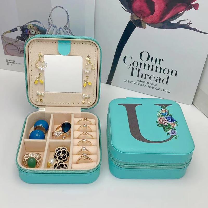 PU Leather Jewelry Box Mirror Storage Box 26 Letter Printed Portable Jewelry Organizer Earring Ring Necklace Case