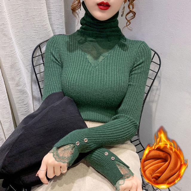 Women Velvet Bottoming Shirt Add Autumn And Winter Mesh Lace Stitching Turtleneck Slim Knit Lady Shirt Blusa