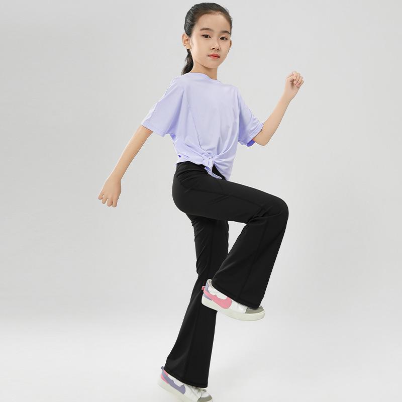 Girls' Short-Sleeve Ice Silk Activewear Set: Quick-Dry Elastic Yoga Flare Pants - Two-Piece Parent-Child Summer Outfit