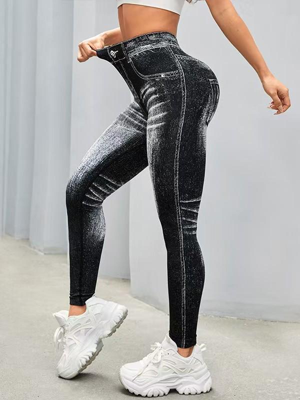 Nahtlose High-Waist Po-Lifting Yoga-Hose für Damen - Schnelltrocknend, Schlankmachend, Enganliegend im Denim-Stil für Laufen & Fitness