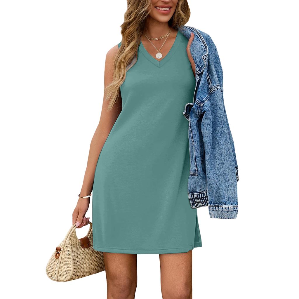 Ärmelloses V-Ausschnitt-Kleid für Damen, lässiges lockeres Tanktop-Kleid mit seitlichem Schlitz am Saum, leichte Sommerkleidung