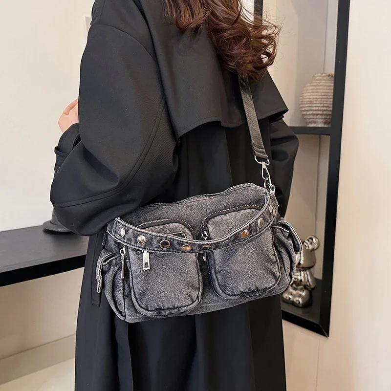 Advanced Feeling Multiple Pockets Vintage Denim Shoulder Bag Leisure Time High-capacity Versatile Practical Single Crossbody Bag