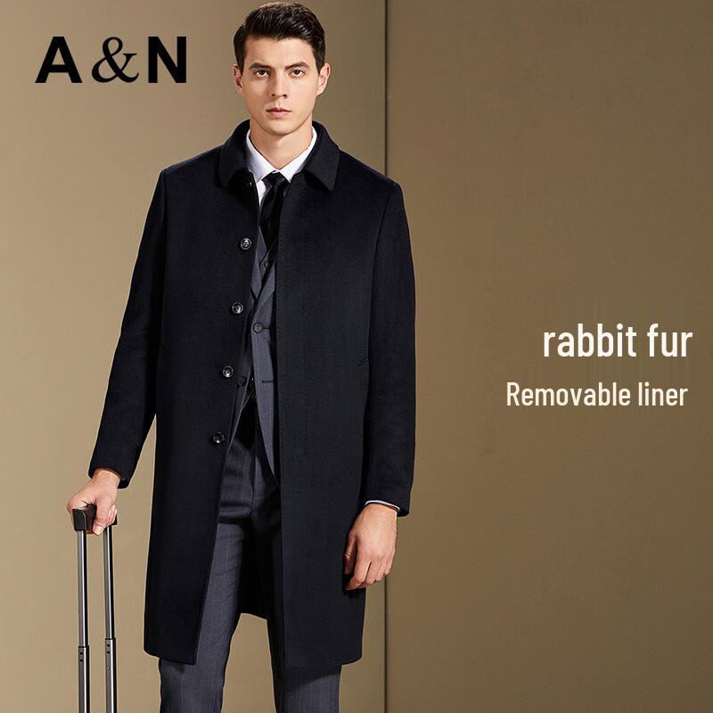 Antonio Men's Long Cashmere Wool Blend Overcoat with Rabbit Fur Liner