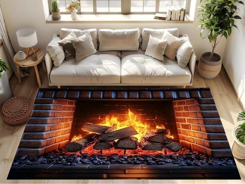 Carpet Mat Non-Slip 3D Stone Flame Illusion Area Rug Non-Slip Backing for Living Room Bathroom Camping Floor Mat Home Decor Mat