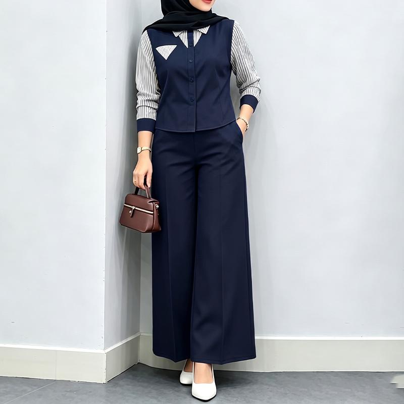 ZANZEA Women Stripe Splice Long Sleeve Blouse And Long Pants Casual Two Piece Suit Sets