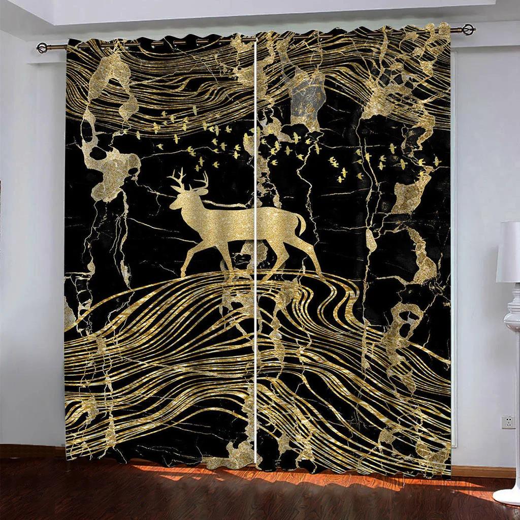 Children'S Room Curtains Gold Line Art 3D Design Luxury Girl Window Curtains For Living Room Bedroom Home Decor Fashion