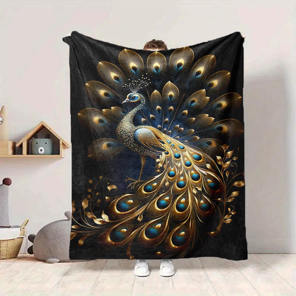 1PC Golden Peacock Feather Blanket, Throw For Sofa, Bed, Travel, Camping, Livingroom, And Bed, Printing Blanket With Soft And Warm Fabric Yy250918154