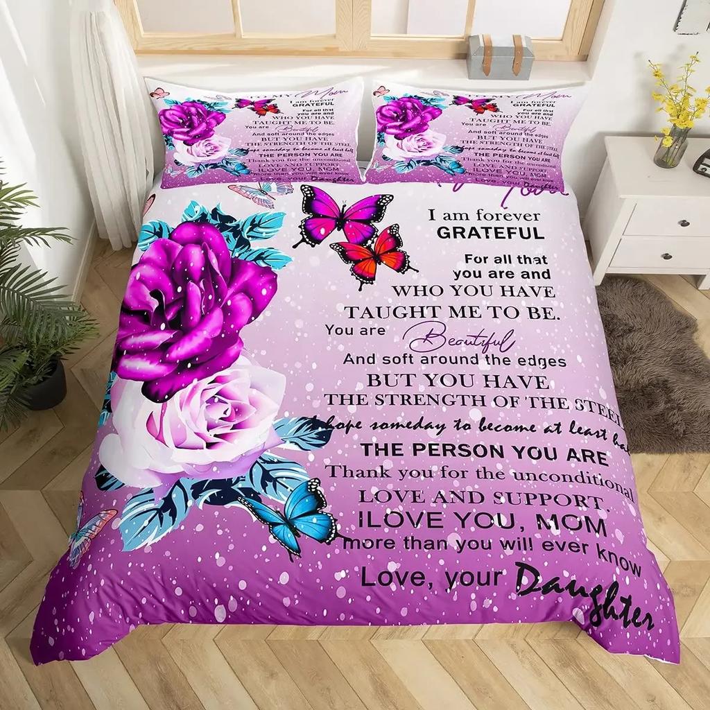 Mothers Day Duvet Cover Set Mom Gifts From Daughter Bedding Set Polyester Floral Print Comforter Cover Room Decor Twin King Size