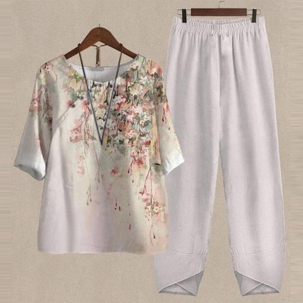 Women's Loose Fit Floral Printed Two Piece Outfit Half Sleeve T-Shirt Elastic Waist Pantsuit