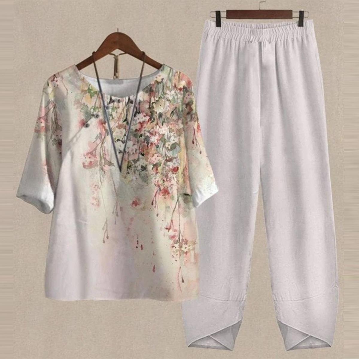 Women s Loose Fit Floral Printed Two Piece Outfit Half Sleeve T-Shirt Elastic Waist Pantsuit S