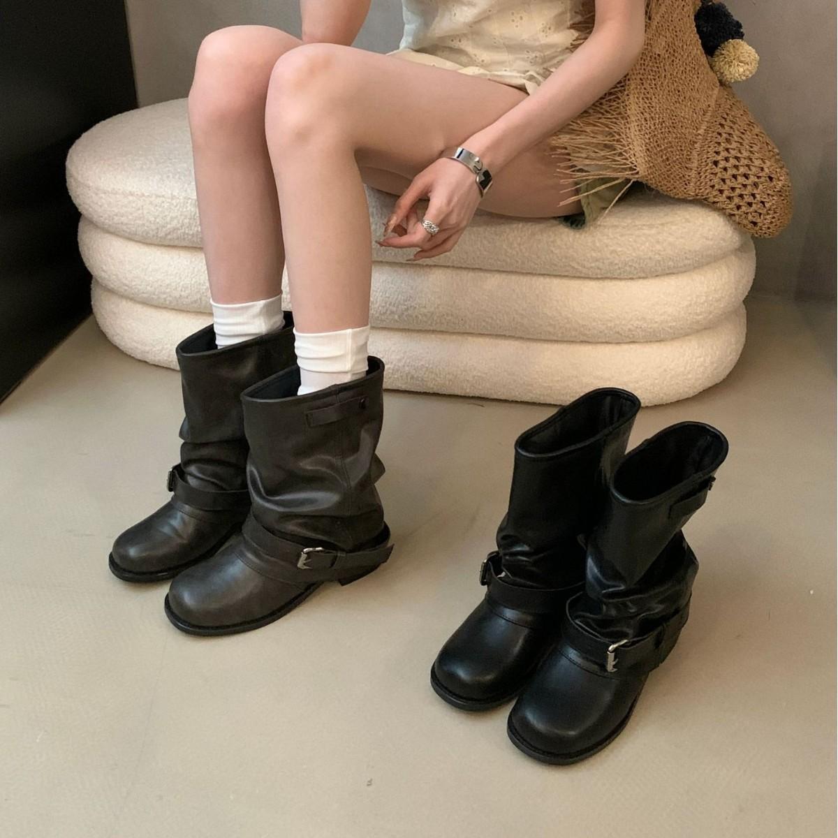 

2025 new Korean version low tube thin belt buckle thick heel trouser tube boots western wide tube cowboy boots 39 хаки