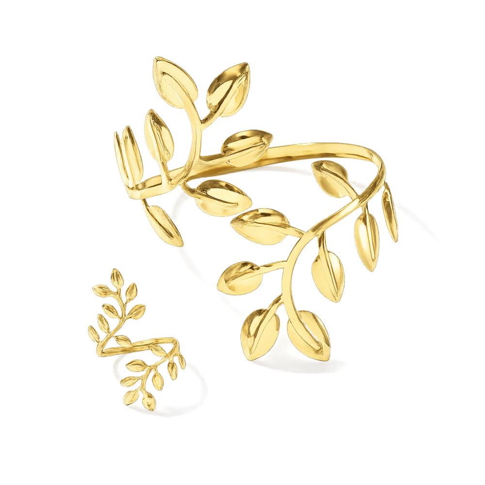 

Open Leaf Upper Arm Cuff Elegant Jewelry Set Luxury Armband Ring Set Party
