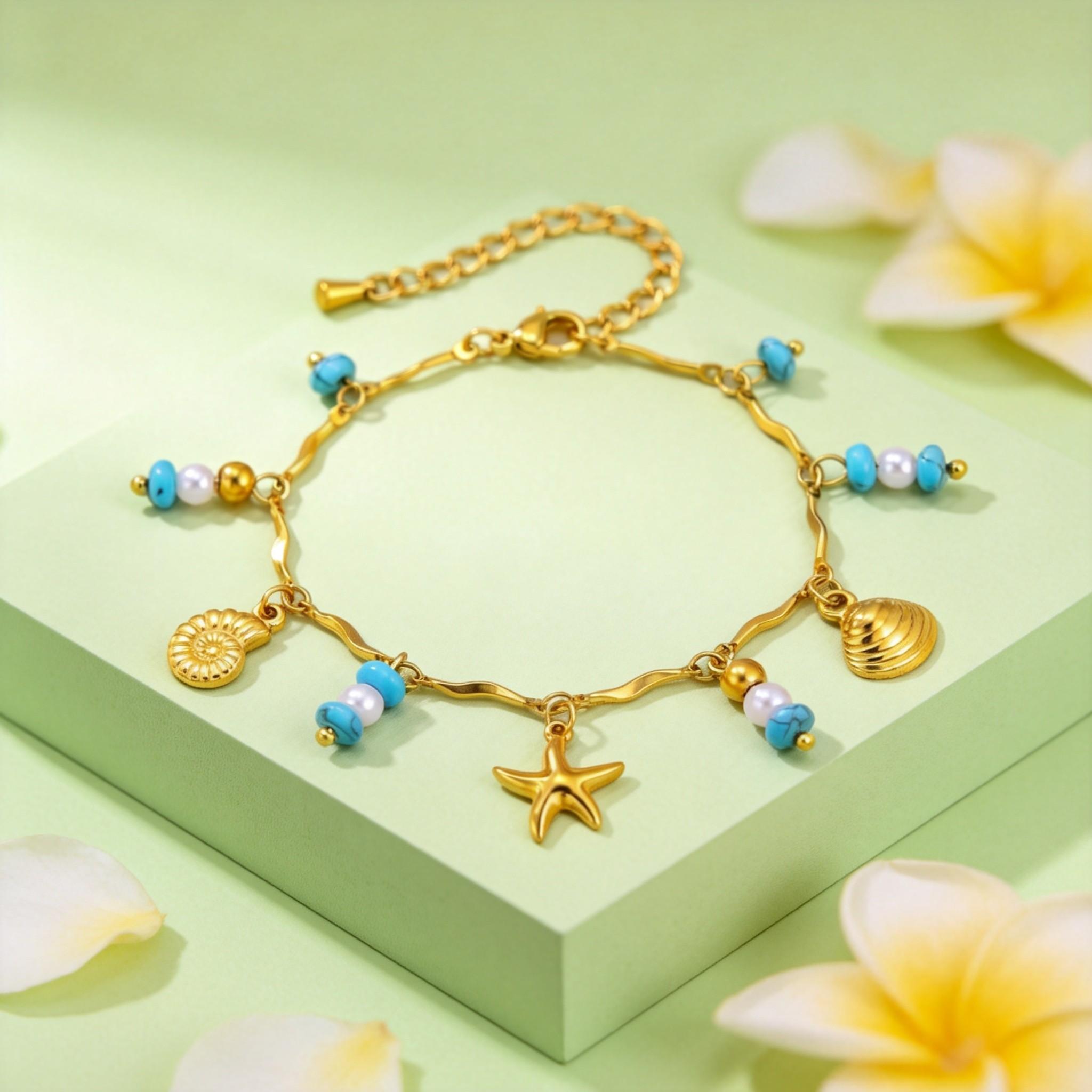 Ocean Style Wave Bracelet for Women Conch Starfish Shell Bracelets Stainless Steel Turquoise Imitation Pearl Beaded Bracelets