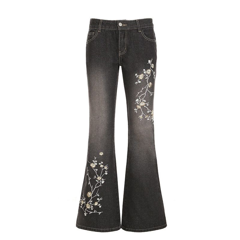 American Retro Design Jeans for Women, High Street Style, Slim Fit, Slightly Flared, Embroidered, Low-Waist Long Pants, Y2K Black S